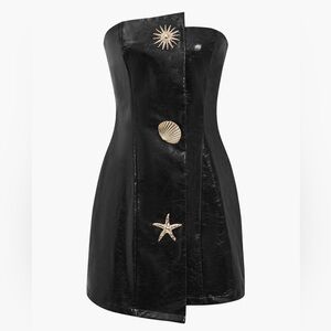 Faux Leather Strapless Mini Dress With Shell Embellishments.